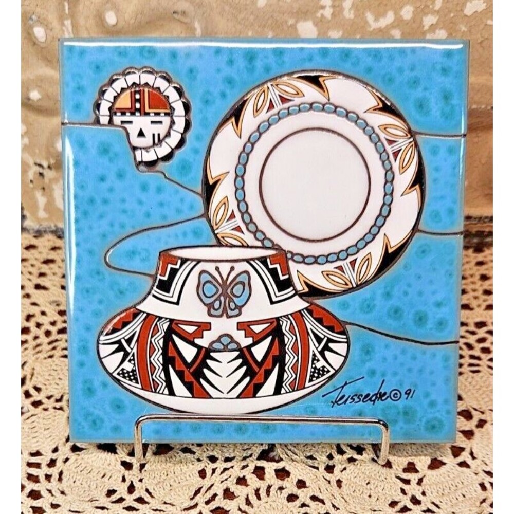 1991 Cleo Teissedre Southwestern Hand Painted Ceramic Tile Trivet Decor 6" x 6"